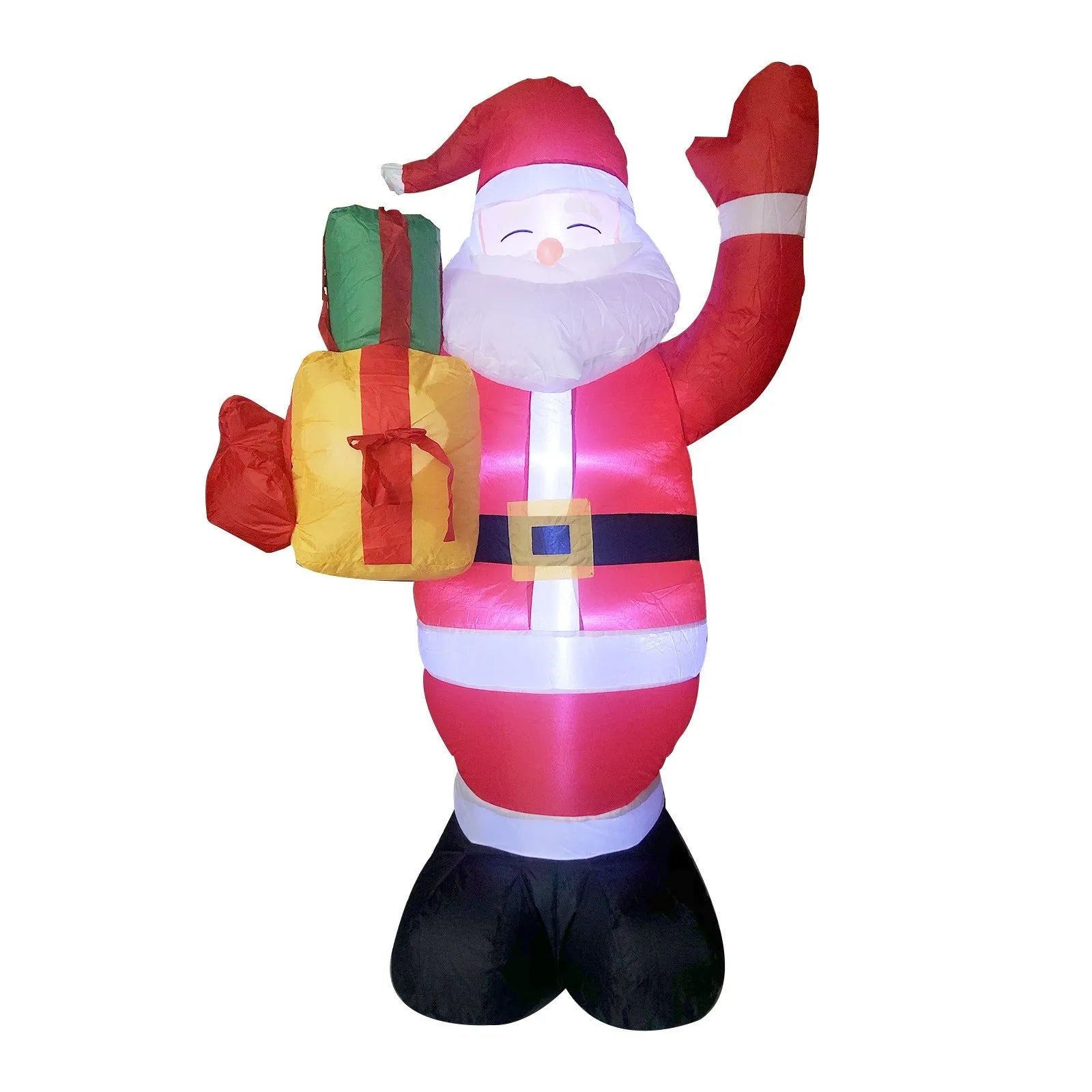 Glowing LED inflatable Christmas decorations including Santa, snowman, and a Christmas tree for outdoor garden use.