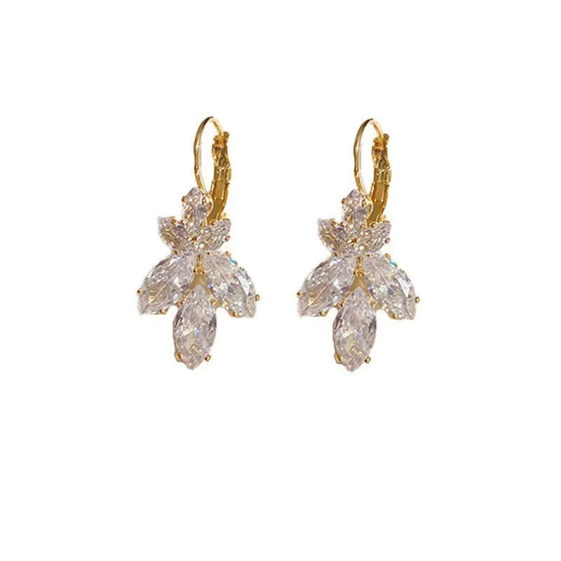 Alloy women's earrings with inlaid zircon leaves design platinum colour