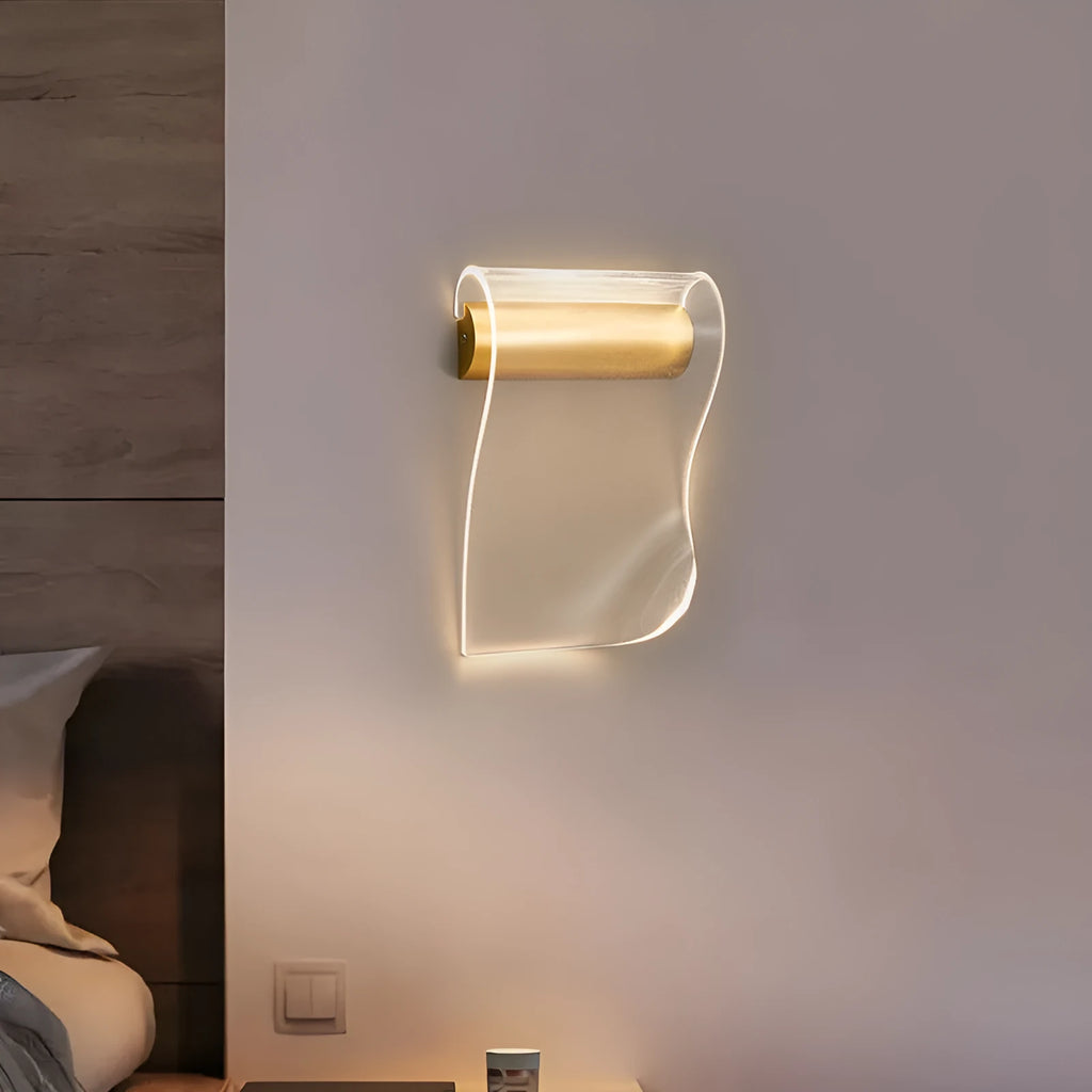 White acrylic shade wall lamp with left bend design on an iron bracket.