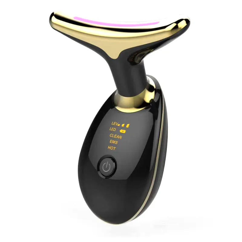 White EMS thermal neck lifting massager device with LED lights shown with USB cable and moisturiser.