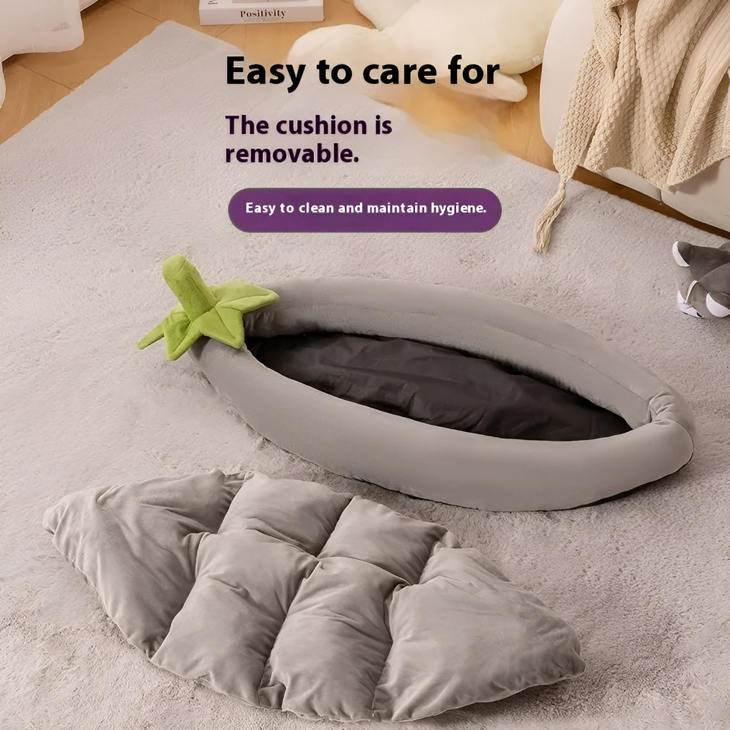 Washable cloth dog bed mat with removable cover in purple, shown in L size.