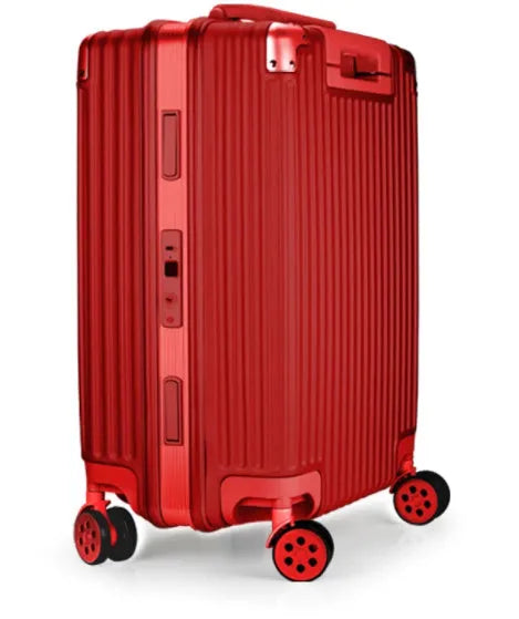 Aluminium magnesium alloy striped luggage suitcase in metallic blue colour showing hard-shell construction