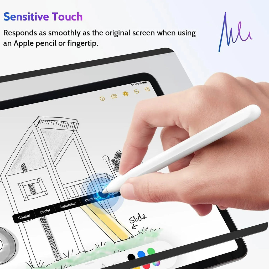 Magnetic iPad anti peeping film and storage clip shown next to an iPad