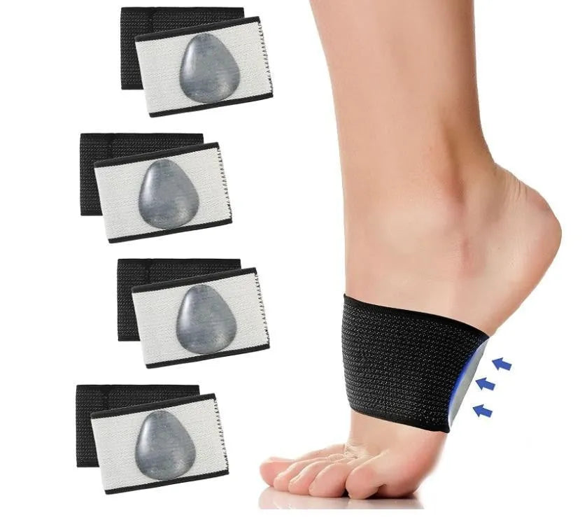A pair of elastic PU arch support foot bandages, shown in heart style design for flat feet.