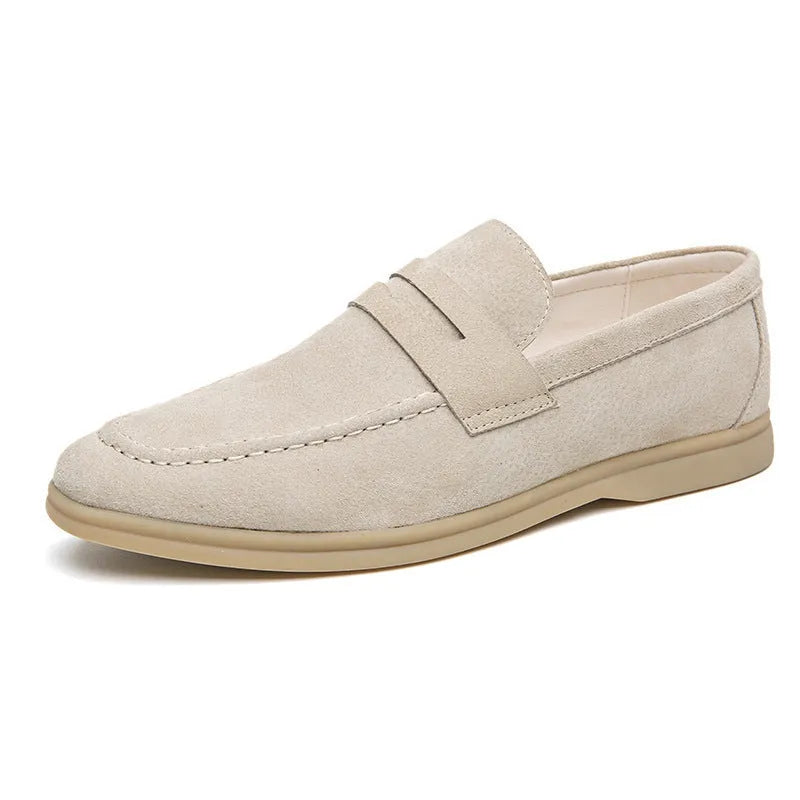 Men's black slip-on leather casual shoes with round toe and mid heel on a rubber sole.