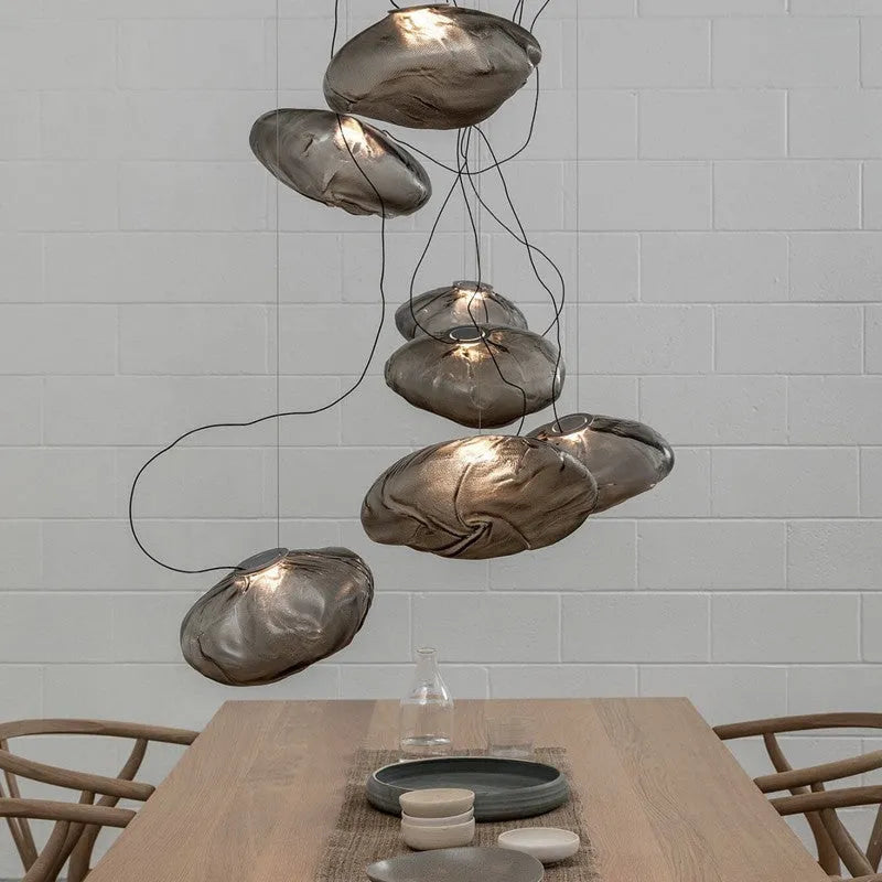 Postmodern glass decorative chandelier with LED lighting in amber, clear, or smoke grey colours