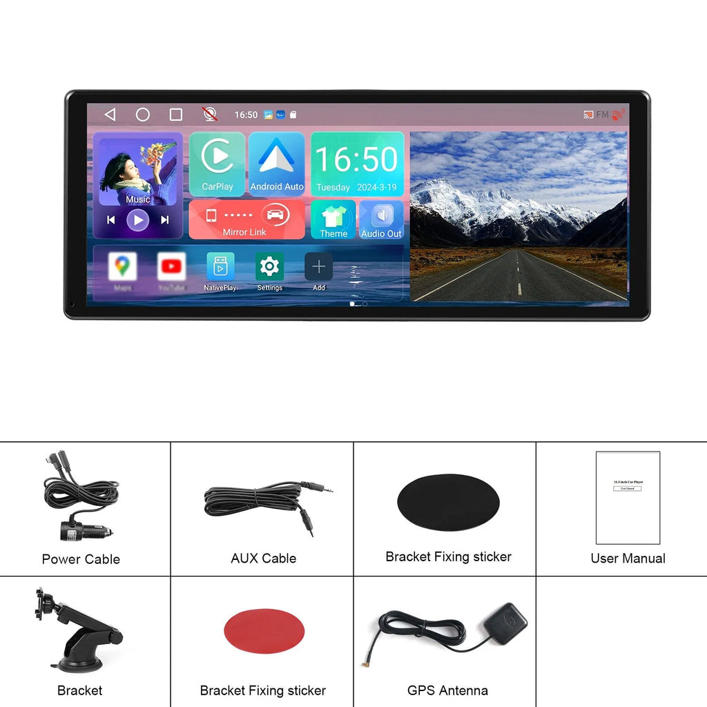 Android car display unit with 11.3-inch touchscreen mounted on vehicle dashboard