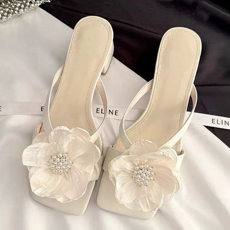 Women's cream-white satin sandals with a chunky heel, square toe, and one-line strap in Korean style.