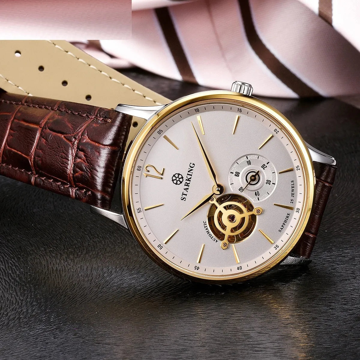 Men's automatic mechanical business watch with brown leather strap and stainless steel case on white dial.
