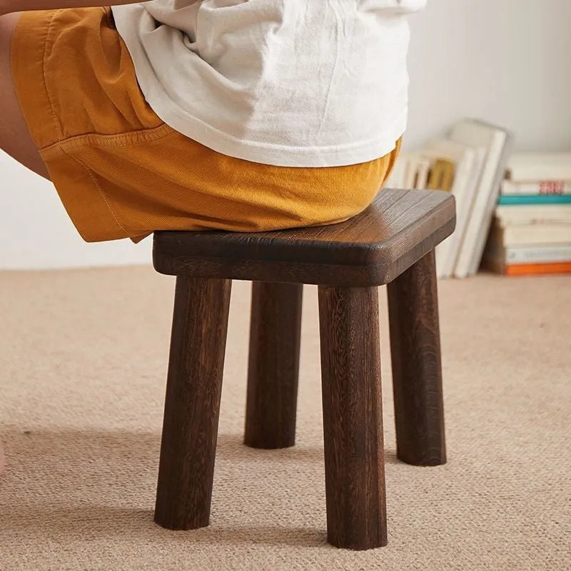 Distressed wood stool for changing shoes with bracket structure construction