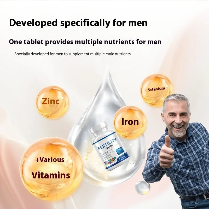 Bottle of 60 male fertility tablets with vitamin mineral amino acids formula for reproductive health