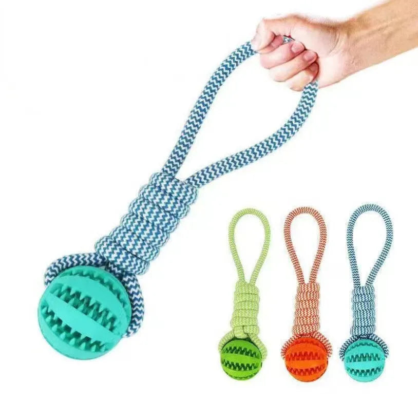 Interactive dog treat ball with hemp rope in blue for small dogs chewing and playing tug of war