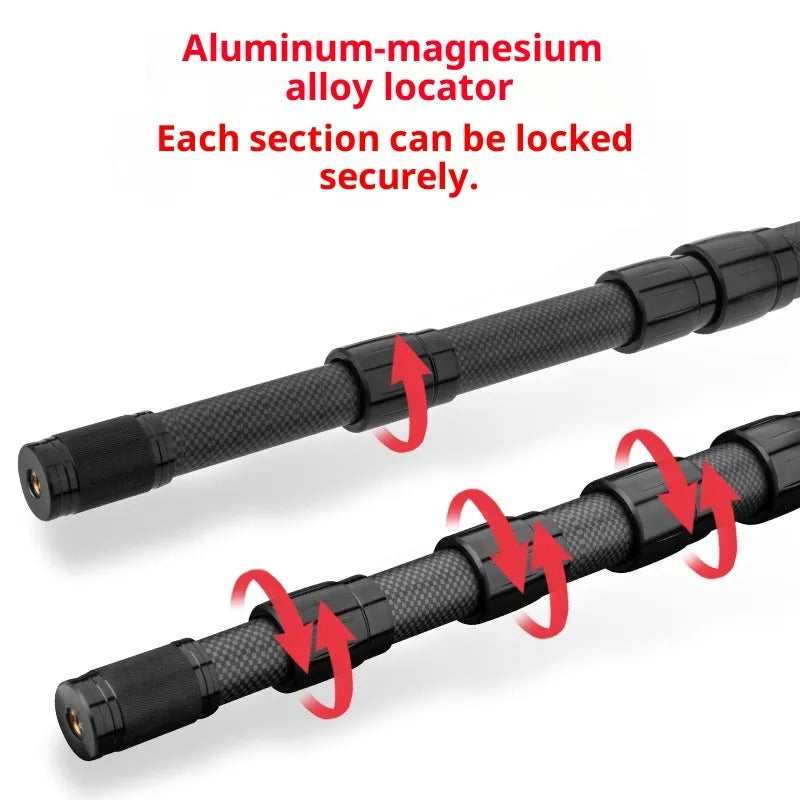 Carbon telescopic fishing rod with free orientation spool collapsed and extended views showing compact storage