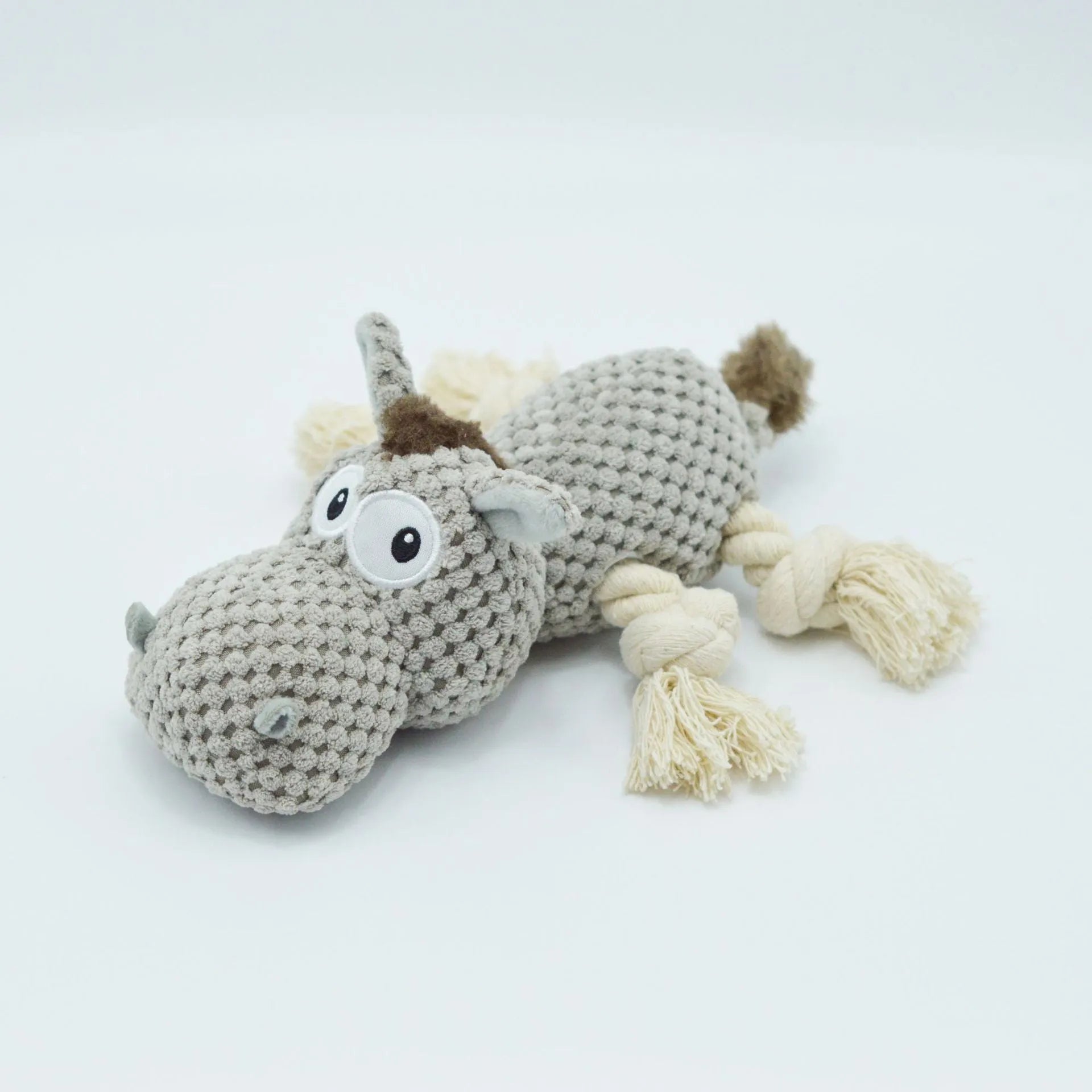 Grey donkey plush dog toy with creaking sound mechanism