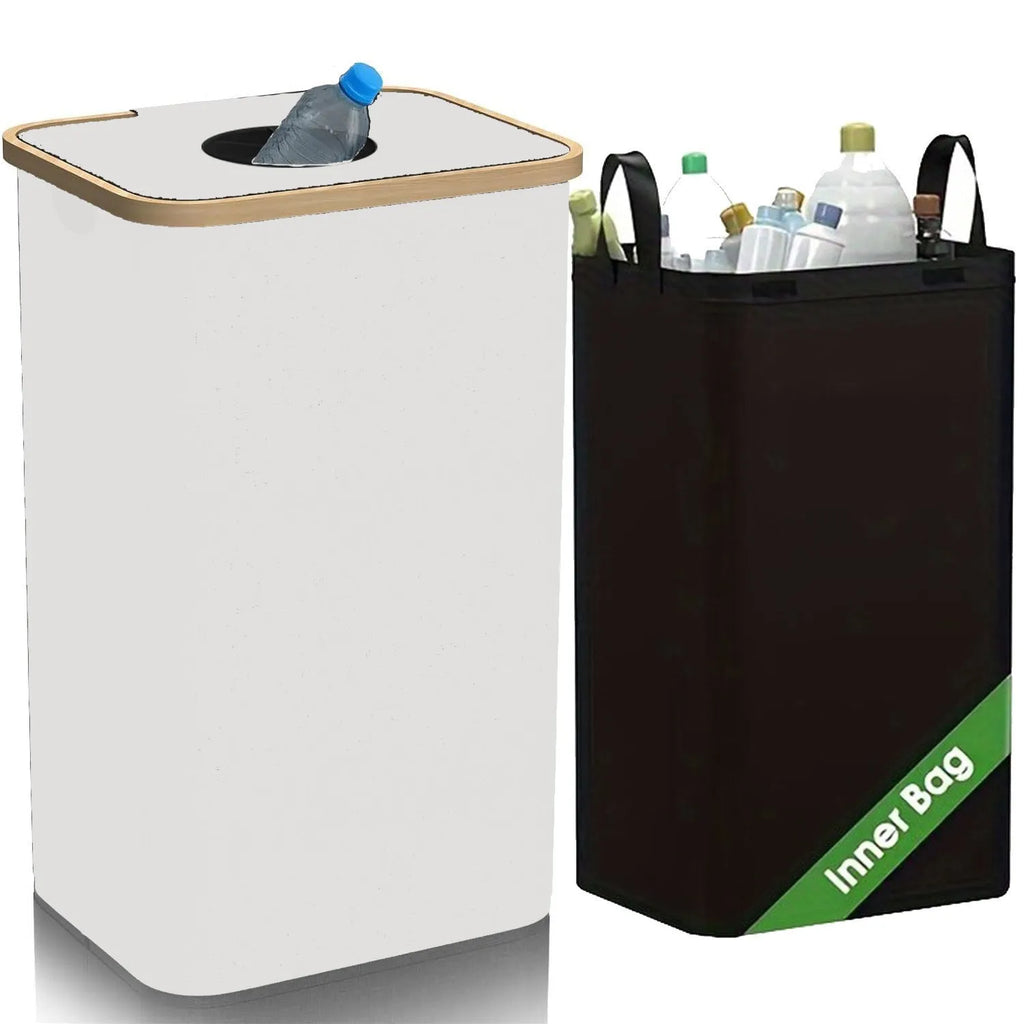 Black bamboo storage basket with removable lid showing double inner pocket organisation system