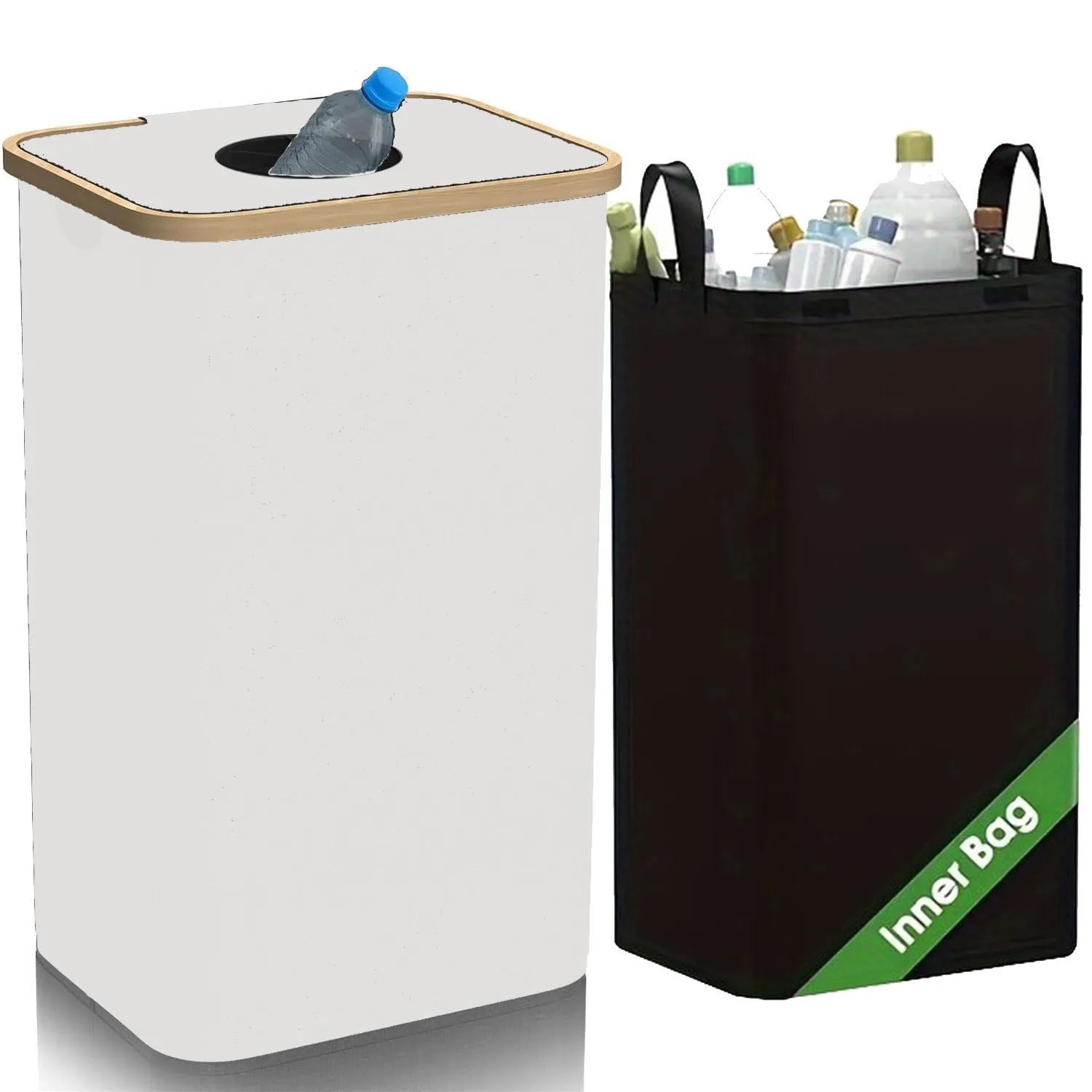 Black bamboo storage basket with removable lid showing double inner pocket organisation system