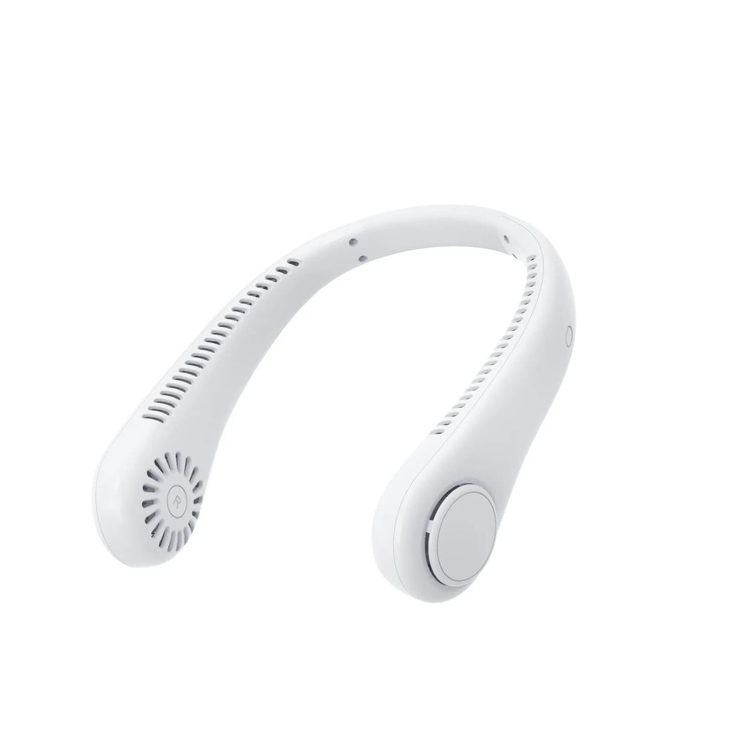 White rechargeable bladeless neck fan hanging around a person's neck