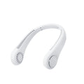 White rechargeable bladeless neck fan hanging around a person's neck