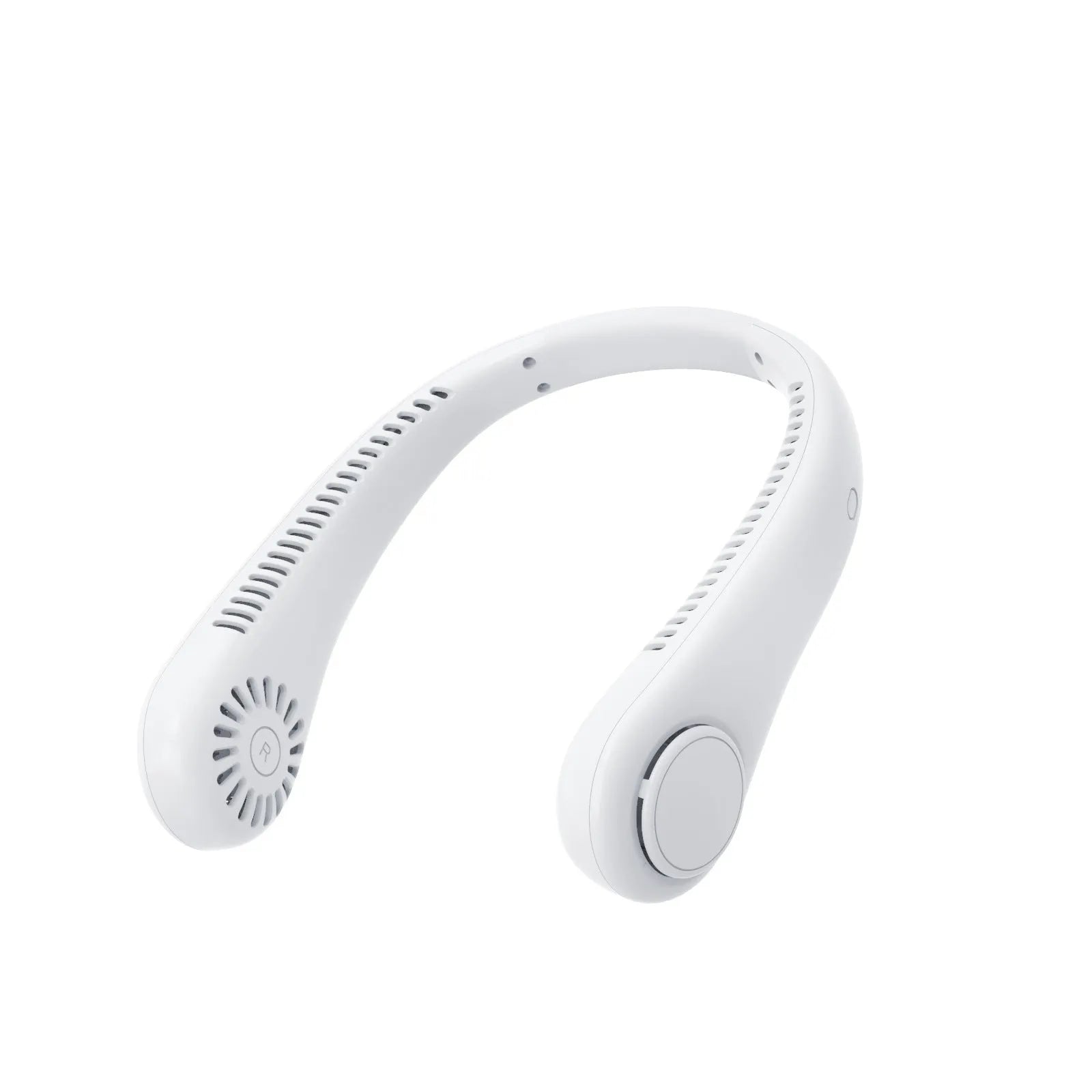 White rechargeable bladeless neck fan hanging around a person's neck