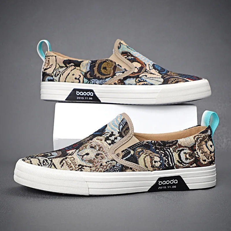 Khaki canvas slip-on sneakers with vulcanised rubber sole and mesh lining on a white background.