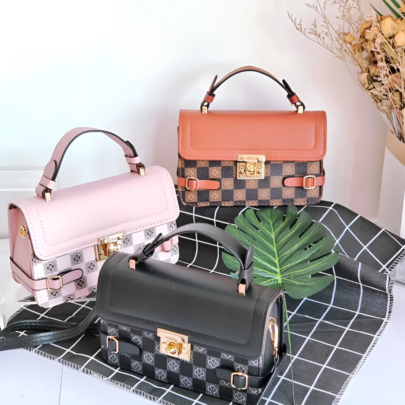 Retro ethnic pattern square crossbody bag in PU shown in apricot colour, featuring floral and plaid details.