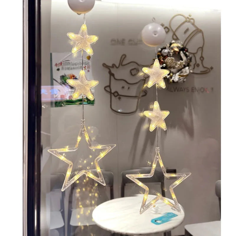Christmas window lights with star-shaped LED pendants and suction cups for battery-operated festive decoration