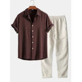 Men's loose fitting short sleeve shirt and casual trousers set in linen-look fabric.