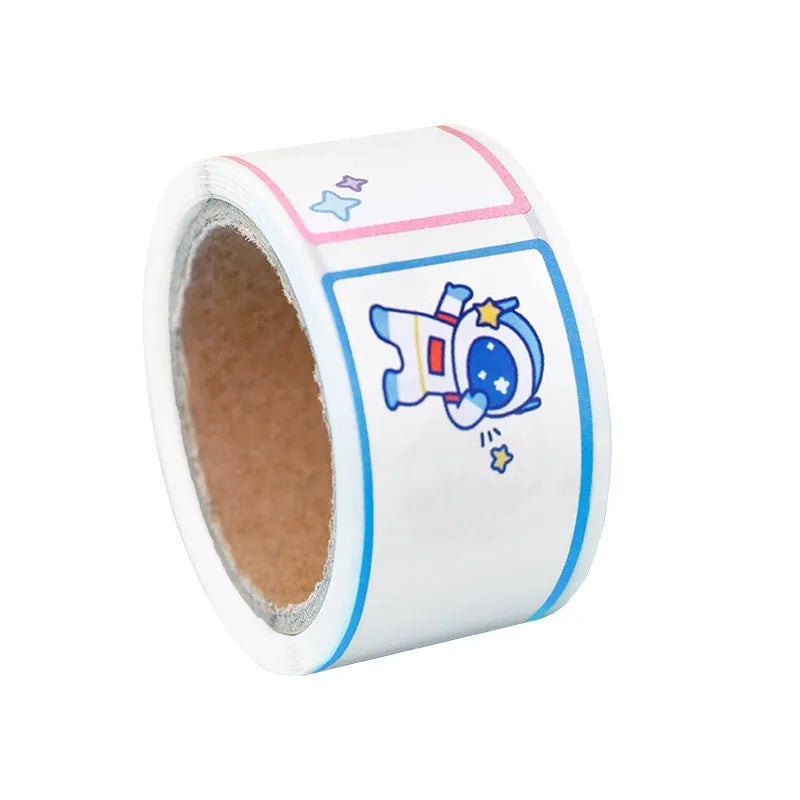 Cartoon name tape stickers in dinosaur, astronaut, rabbit, and girl designs