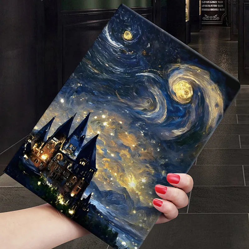 Handmade liquid silicone iPad flip case with floral oil painting design showing front and back protection