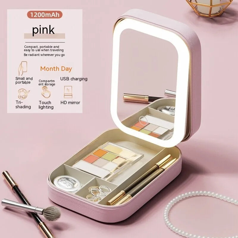 Makeup storage box with LED light mirror showing cherry blossom pink colour and storage compartment