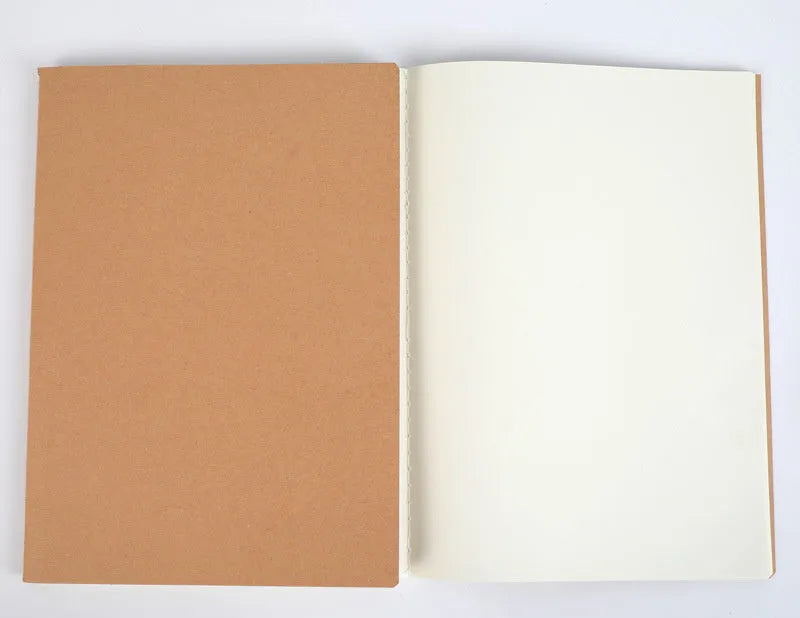 Beige leather thread-bound notebook open showing soft paper with ruled lines.