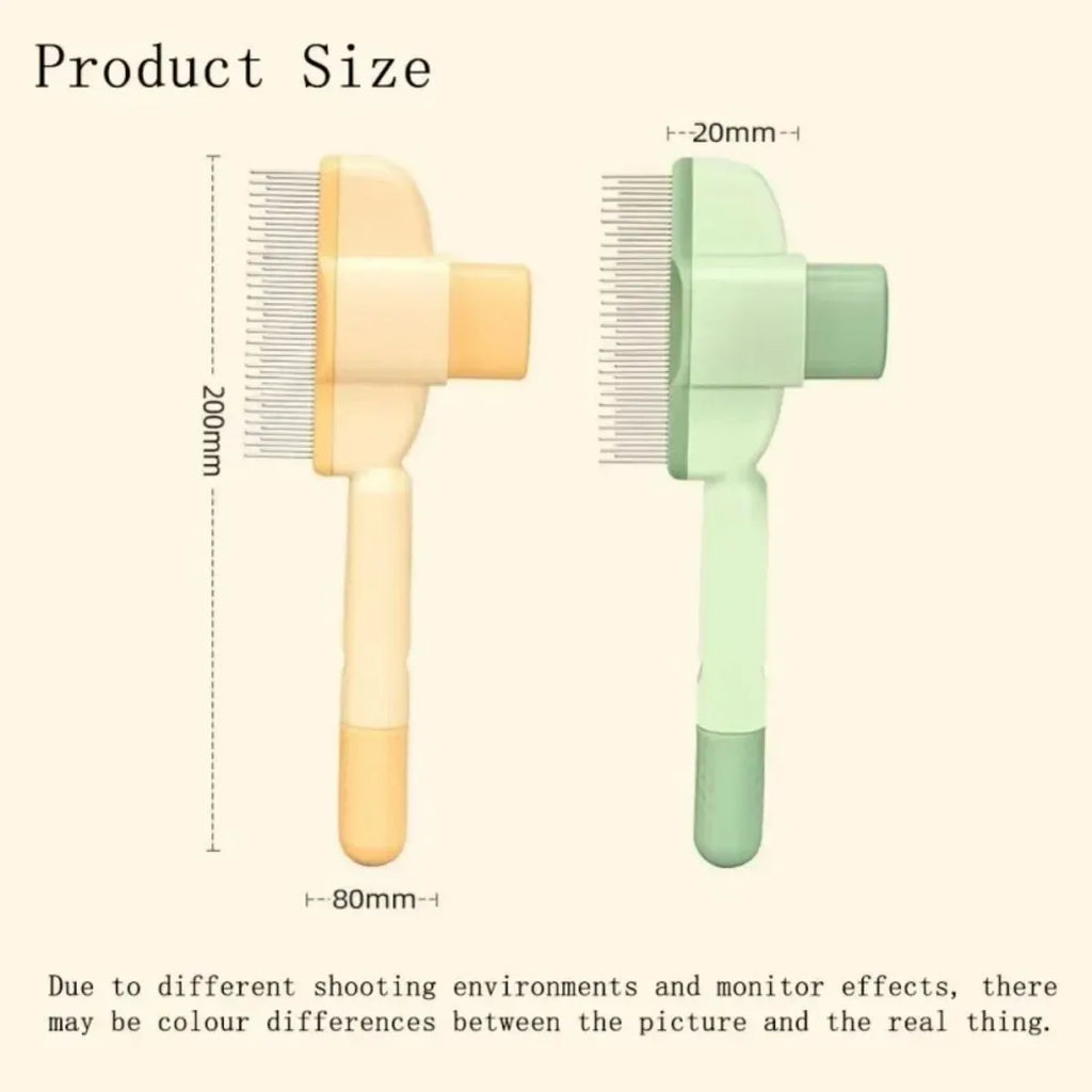 Green and yellow pet grooming brush with one-click hair removal mechanism for dogs