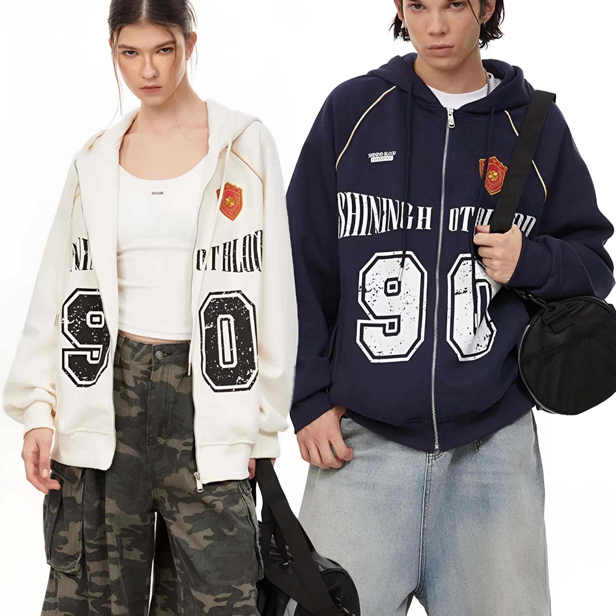 Women's loose American retro hooded cardigan jacket with letter embroidery in cotton blend fabric