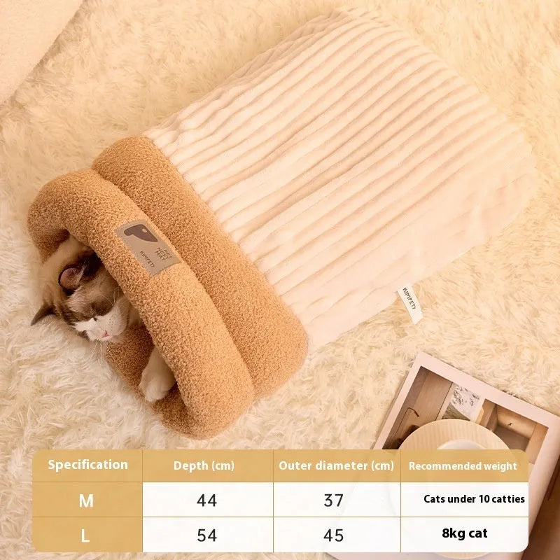 Brown semi-enclosed pet sleeping bag with plush lining for cats and dogs on wooden floor