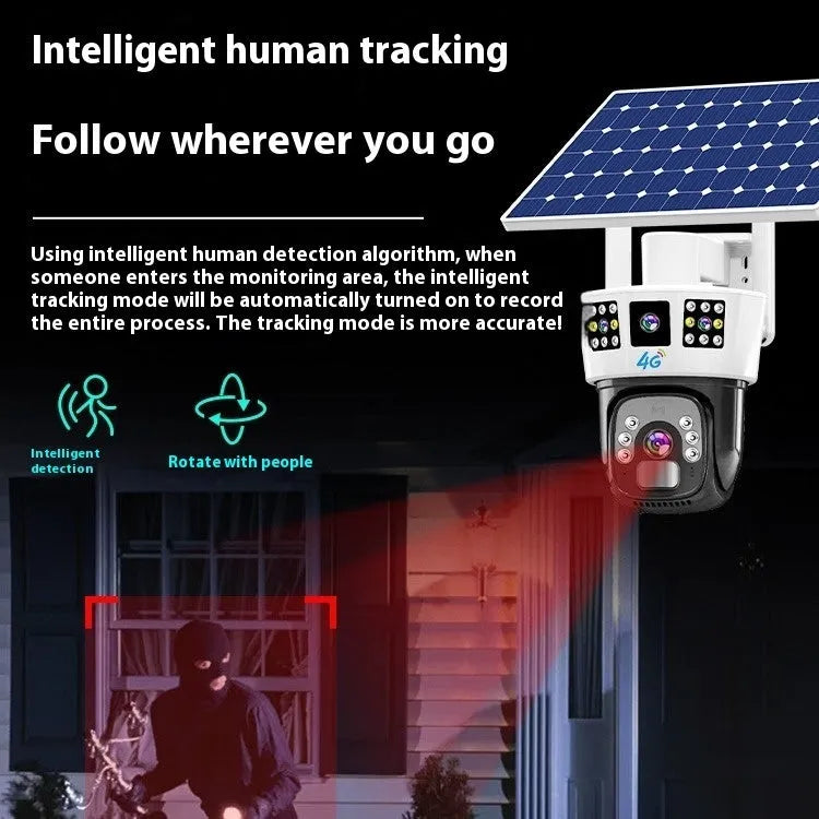 Solar-powered triple-screen surveillance camera with integrated solar panel for outdoor security