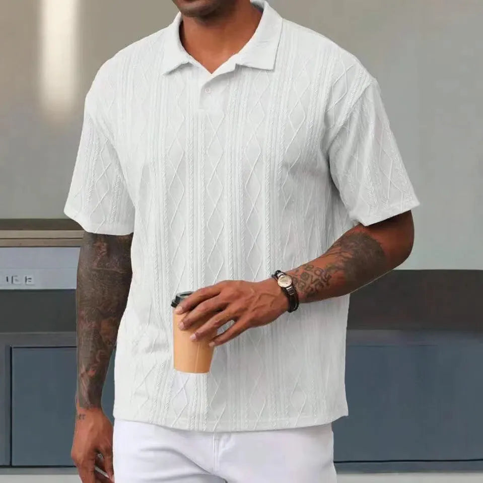 Men's retro button lapel short sleeve cotton blend T-shirt in loose knit, shown in Army Green.