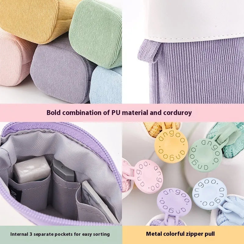 Soft PU corduroy telescopic pencil case in purple colour with drop-down open design.