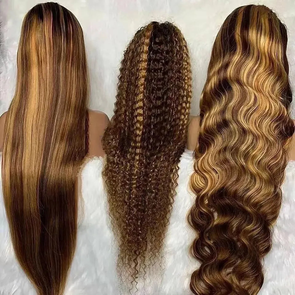 Front lace synthetic wig with long black gradient curly hair in a big wave style.