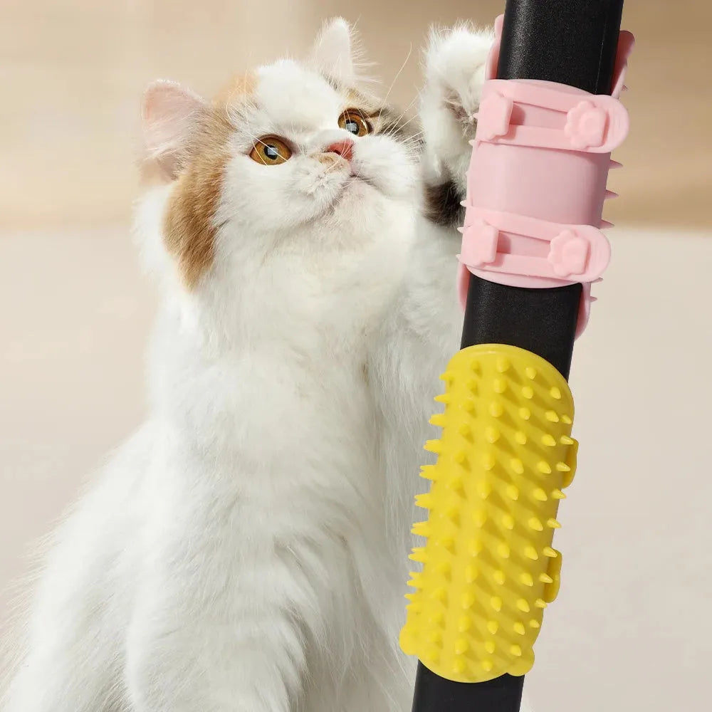 Silicone cat scratching comb with rounded teeth and adjustable strap in black, green, pink, or yellow colour.