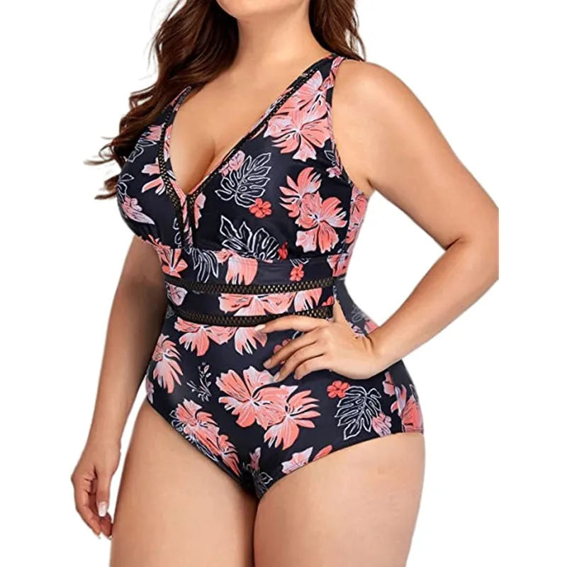 Black plus size women's bikini swimsuit with print pattern on polyester mesh fabric