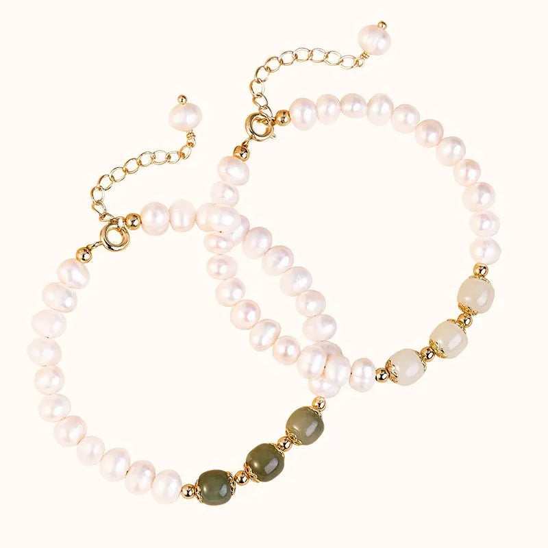 Korean style freshwater pearl bracelet in diamond shape, showing deep Hetian jade colour variant.