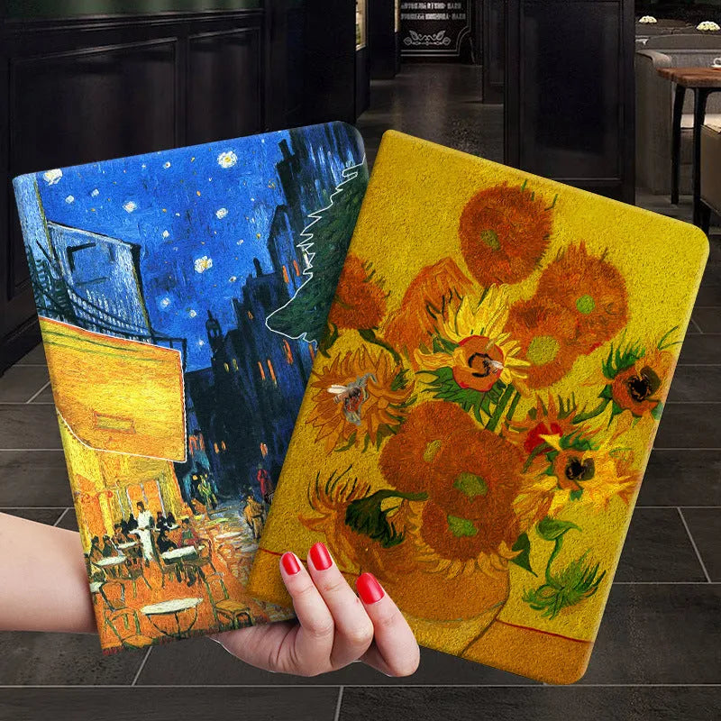 Handmade liquid silicone iPad flip case with floral oil painting design showing front and back protection