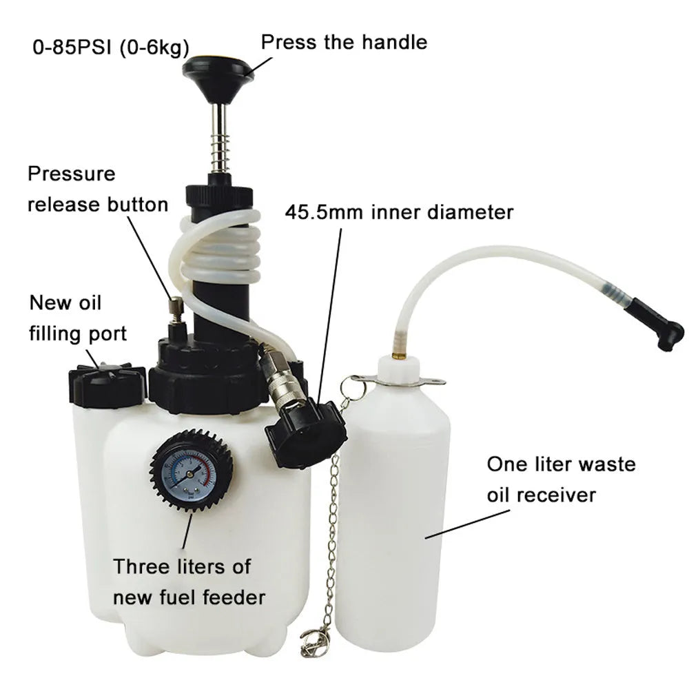 White 3-litre automotive brake oil tank replacement tool with copper, iron, and plastic construction.