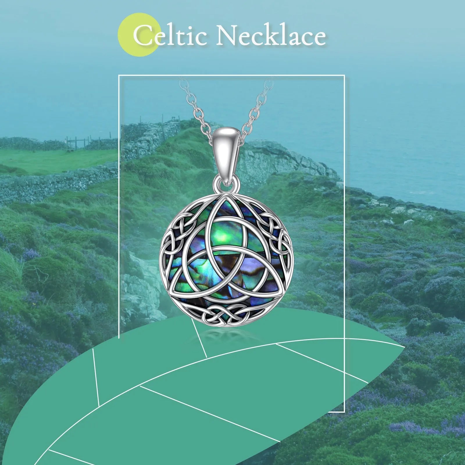 Vintage sterling silver trinity Celtic knot necklace with simulated abalone shell pendant on white gold plated chain