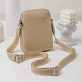 Small solid colour crossbody shoulder bag for women in beige, shown with dimensions.