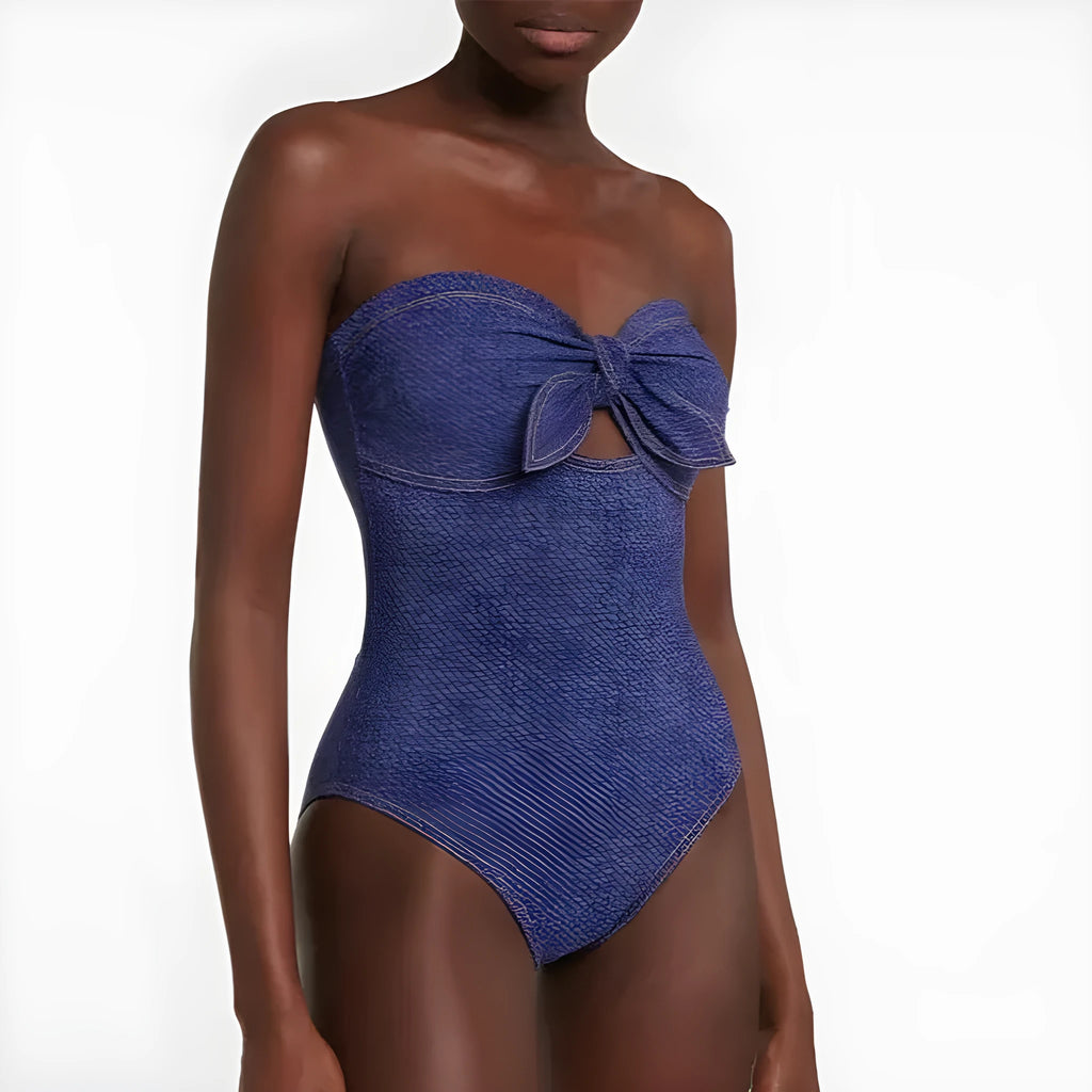 Women's vintage denim style one-piece swimsuit with matching skirt in Y258 colour