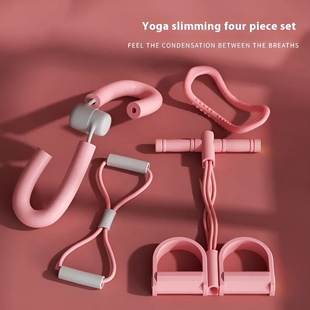 Yoga four piece set showing leg stretcher, yoga ring, pedal chest expander and figure eight tension rope.