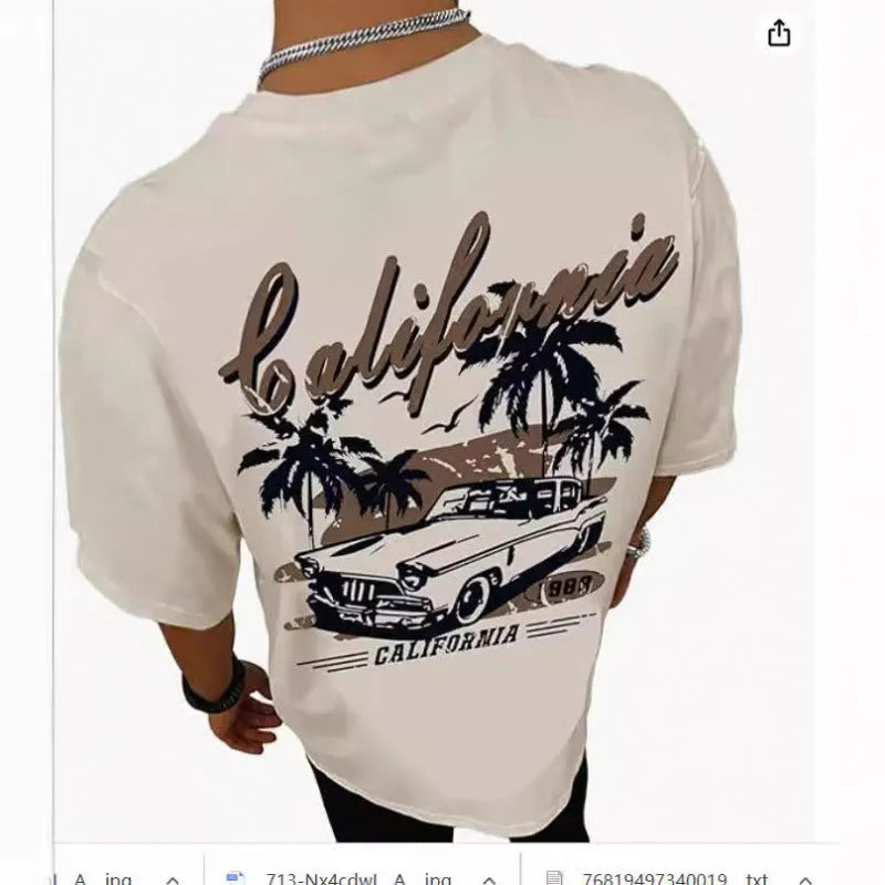 Men's grey short sleeve street T-shirt with abstract digital print, casual pullover style.