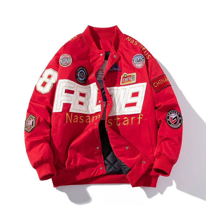 Thick polyester motorcycle jacket for men embroidered baseball design side pockets drawstring sleeves