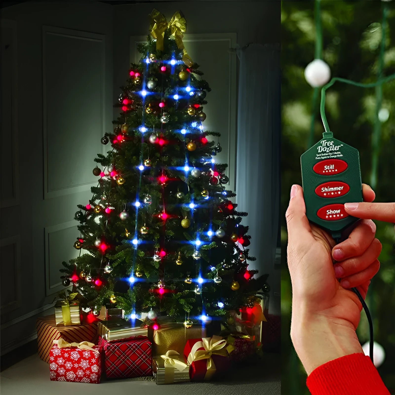 64 LED Christmas tree light string measuring 1.8 metres with button control for dimming and colour changing